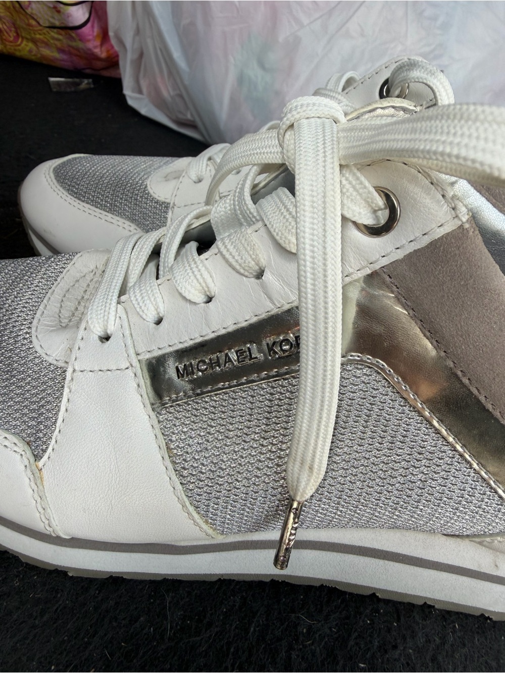 Micheal Kors White and Silver Lace-Up Sneakers - Picture 5 of 5